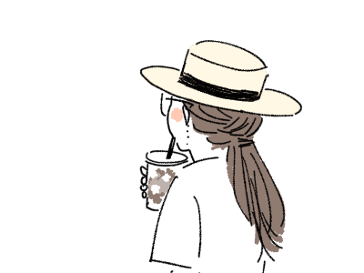 カフェオレを飲みながら歩くカンカン帽子を被った女性の後ろ姿 イラスト